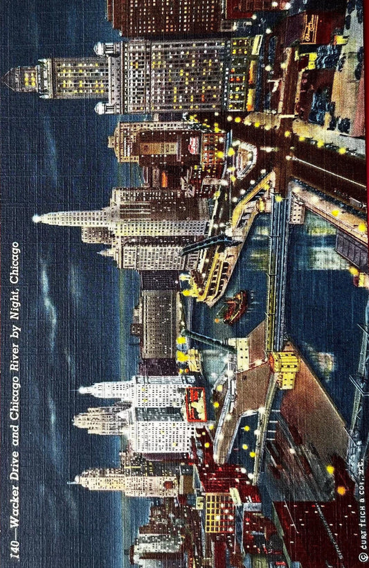 Wacker Drive - Chicago River by Night - Chicago, Illinois - 1941 Linen Postcard