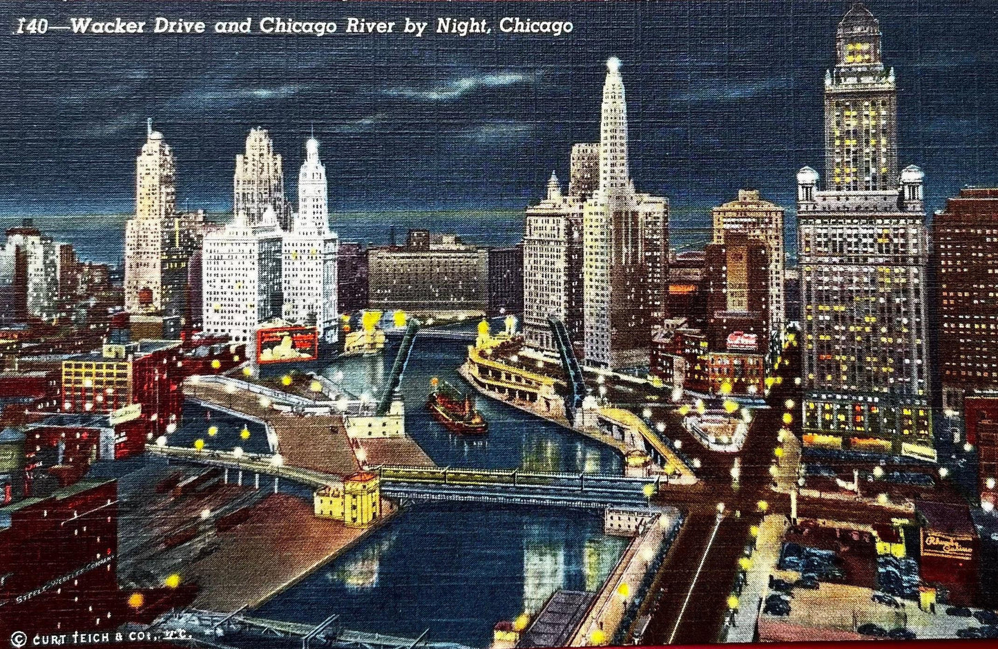 Wacker Drive - Chicago River by Night - Chicago, Illinois - 1941 Linen Postcard