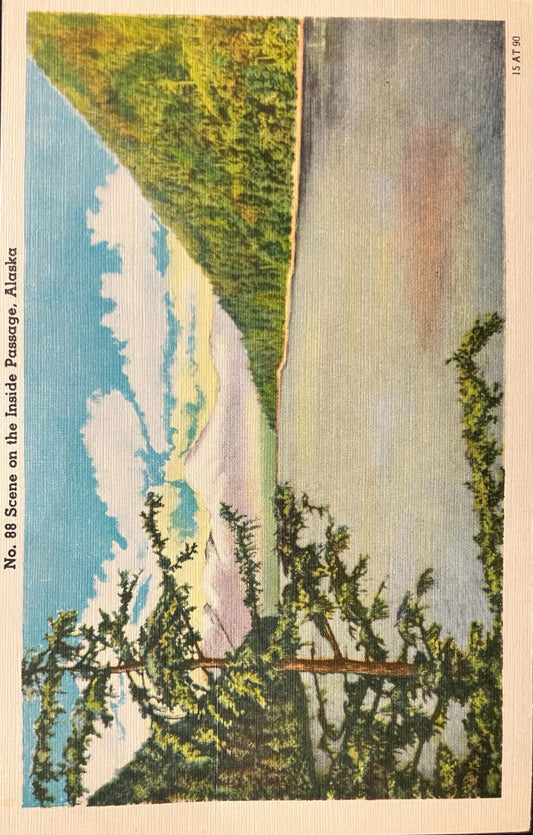 Scene on the Inside Passage - Alaska - 1940s Linen Postcard