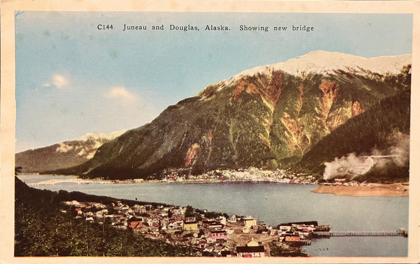 Juneau and Douglas, Alaska - Showing new bridge - Vintage Bridge Postcard
