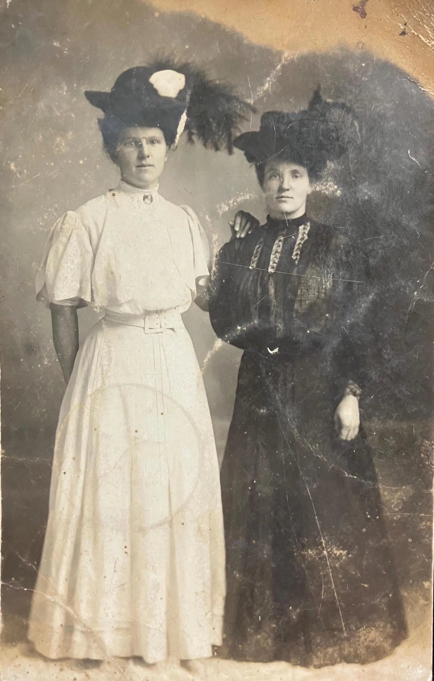 RPPC -Two Women in Big Feathered and late Victorian Clothing - Vintage Real Photo Postcard