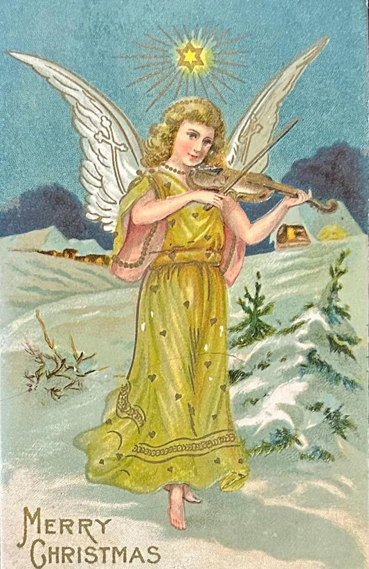Beautiful Angel Playing Violin in Winter Wonderland - Merry Christmas - Vintage Postcard 1916