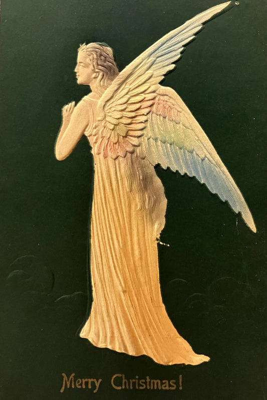 Colorful Embossed Winged Angel on Black Background - Merry Christmas in Art Deco Font - Printed in France   France - Embossed Vintage Christmas Postcard