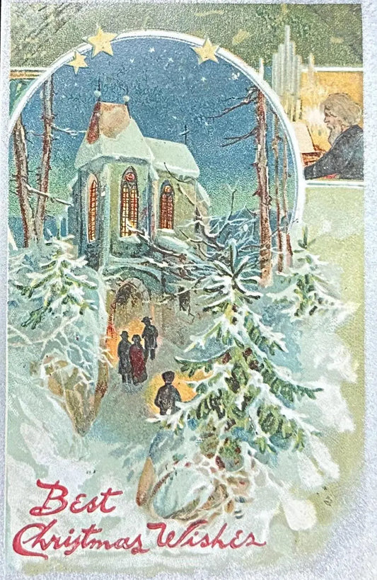 Winter Wonderland Church Service - Best Christmas Wishes - Vintage 1900s Postcard