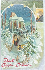 Winter Wonderland Church Service - Best Christmas Wishes - Vintage 1900s Postcard