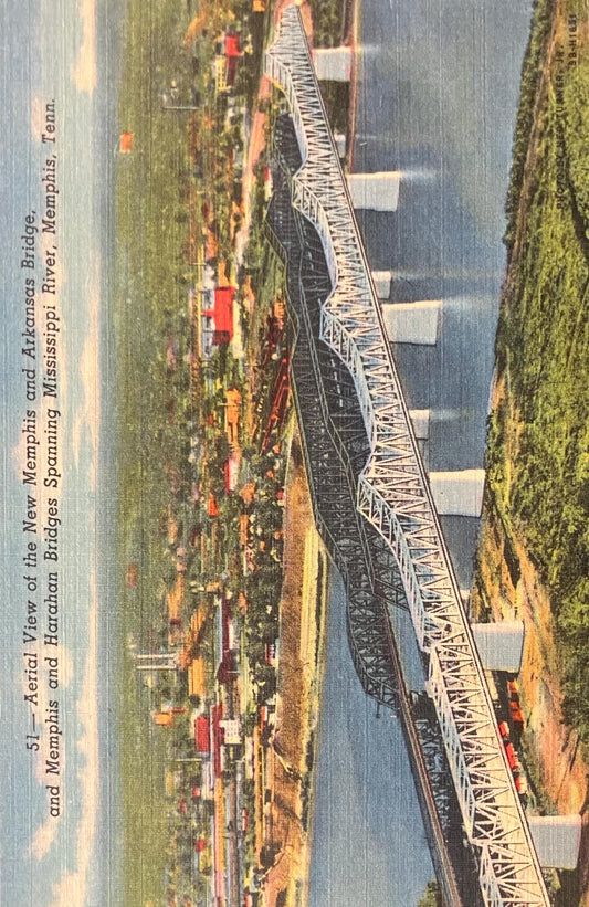 Aerial View of New Memphis and Arkansas Bridge - Memphis and Harathan Bridges - Mississippi River - Memphis, Tennessee - 1940s Linen - Bridge Postcard