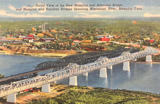 Aerial View of New Memphis and Arkansas Bridge - Memphis and Harathan Bridges - Mississippi River - Memphis, Tennessee - 1940s Linen - Bridge Postcard