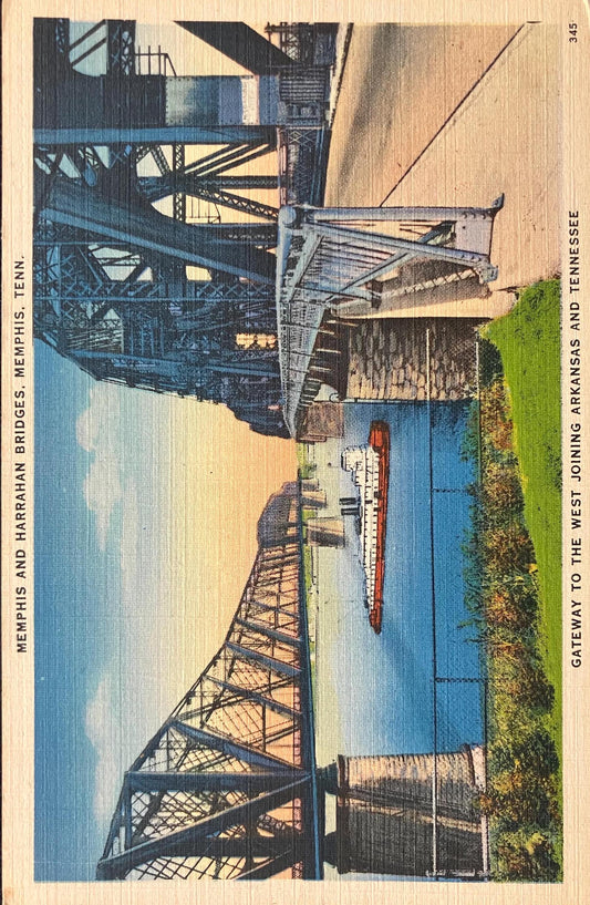 Memphis and Harrahan Bridges - Memphis, Tennessee - Gateway to the West Joining Arkansas and Tennessee - 1940s Linen - Bridge Postcard