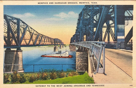 Memphis and Harrahan Bridges - Memphis, Tennessee - Gateway to the West Joining Arkansas and Tennessee - 1940s Linen - Bridge Postcard