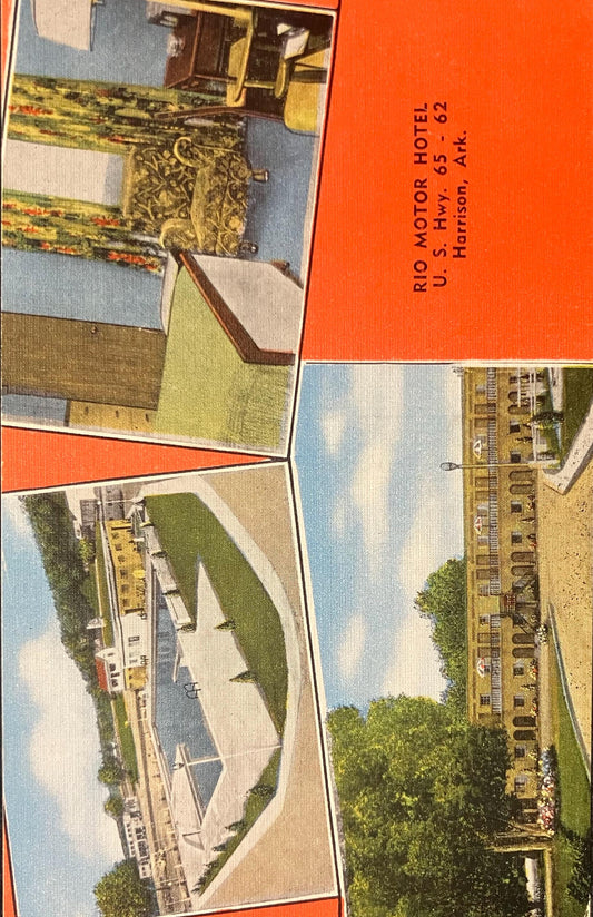 Rio Motor Hotel U. S. Hwy. 65 - 62, Arkansas - 1940s Linen Postcard