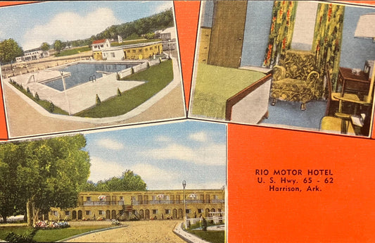Rio Motor Hotel U. S. Hwy. 65 - 62, Arkansas - 1940s Linen Postcard