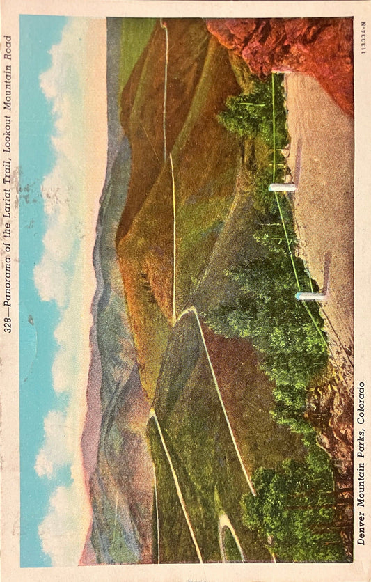 Denver Mountain Parks, Colorado - Panorama of the Lariat Trail - Lookout Mountain Road - 1940s Linen Postcard