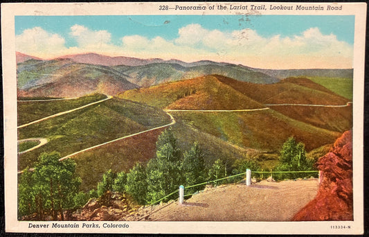 Denver Mountain Parks, Colorado - Panorama of the Lariat Trail - Lookout Mountain Road - 1940s Linen Postcard