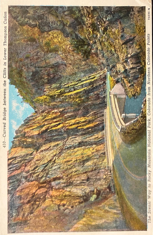Rocky Mountain National Park, Colorado - Curved Bridge between the Cliffs in Lower Thompson Canyon - 1910s Linen Postcard