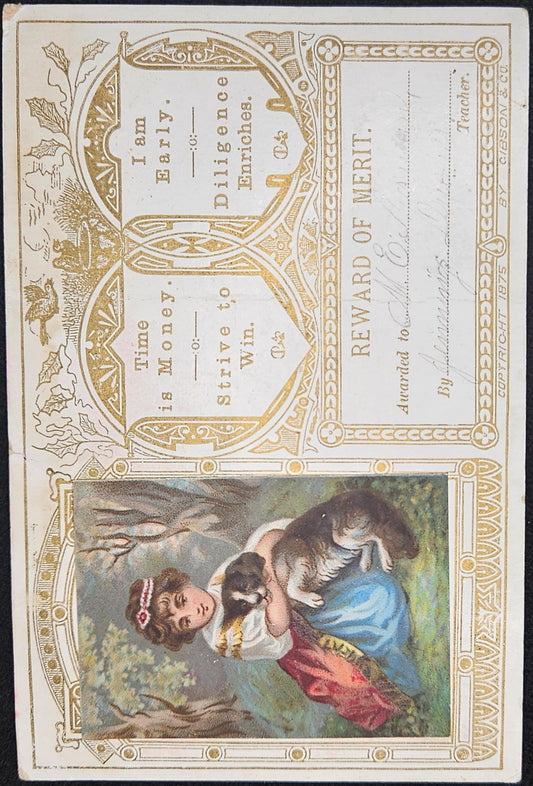 School Reward - Reward of Merit -Victorian Girl and Dog In Forest Illustration - signed by teacher in 1800s - printed Victorian paper scrap