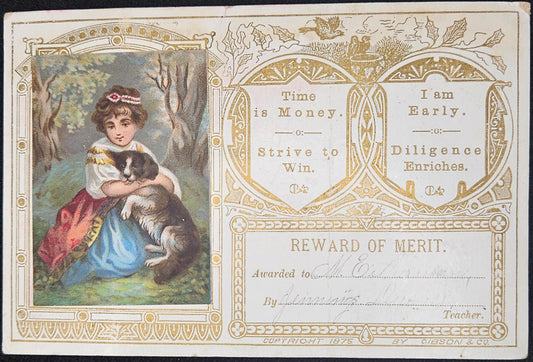 School Reward - Reward of Merit -Victorian Girl and Dog In Forest Illustration - signed by teacher in 1800s - printed Victorian paper scrap