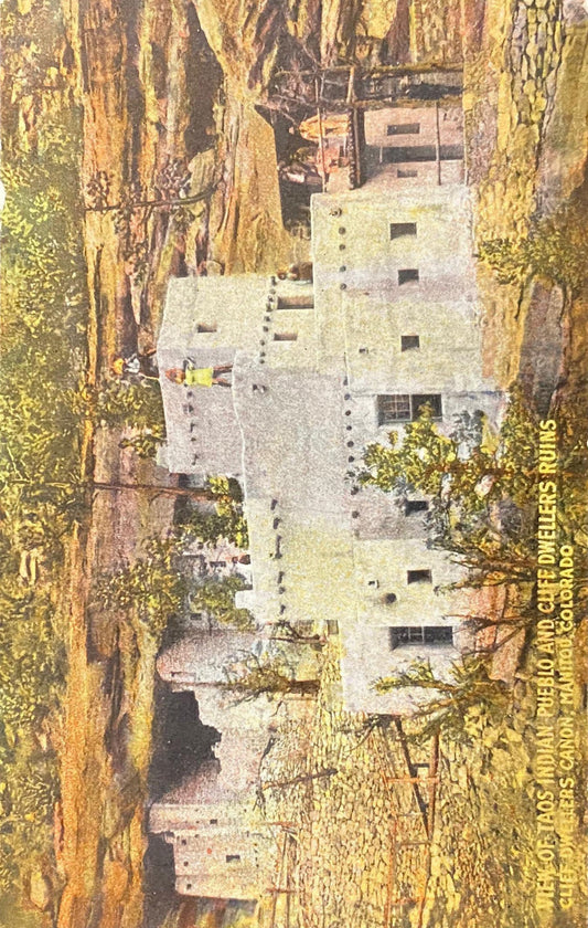 View of Taos Indian Pueblo - Cliff Dwellers Ruins - Cliff Dwellers Canon - Manitou, Colorado - Vintage Postcard