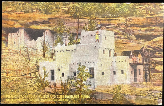 View of Taos Indian Pueblo - Cliff Dwellers Ruins - Cliff Dwellers Canon - Manitou, Colorado - Vintage Postcard