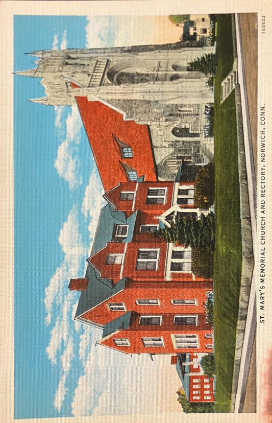 St. Mary's Memorial Church and Rectory - Norwich, Connecticut - 1940s Linen Postcard