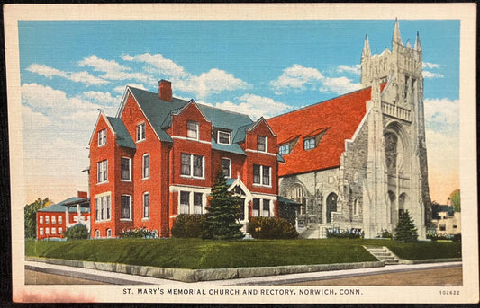 St. Mary's Memorial Church and Rectory - Norwich, Connecticut - 1940s Linen Postcard