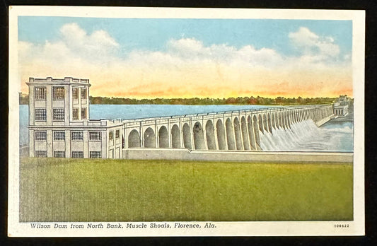 Wilson Dam from North Bank - Muscle Shoals - Florence, Alabama - Linen Vintage Postcard