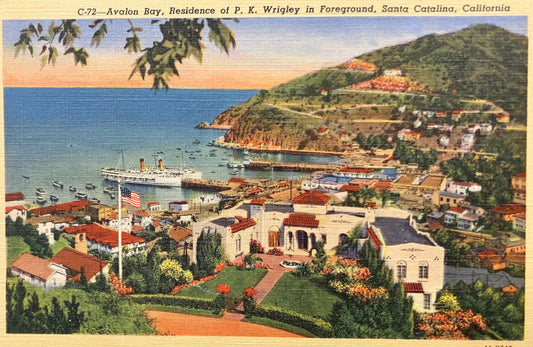 Avalon Bay, Residence of P. K. Wrigley in Foreground, Santa Catalina, California - Vintage Postcard