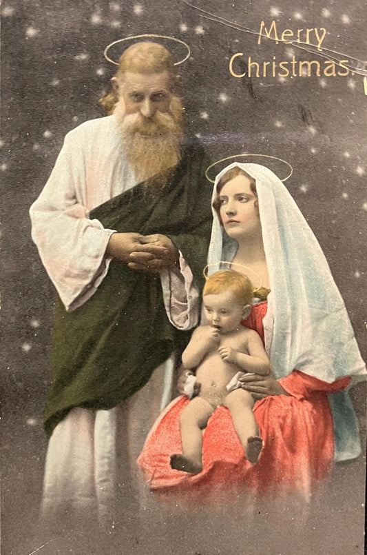 Photographic image of Holy Family with Halos in the Snow - Merry Christmas- Made in Saxony, Enactment of Nativity- Vintage Postcard 1914