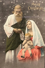 Photographic image of Holy Family with Halos in the Snow - Merry Christmas- Made in Saxony, Enactment of Nativity- Vintage Postcard 1914