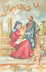 Holy Family with Angels above - A Merry Christmas - Embossed 1910 Vintage Postcard 1910's