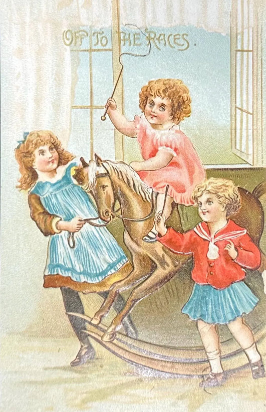 Little Girls Playing on Rocking Horse - Off to the Races - Vintage 1910 Postcard