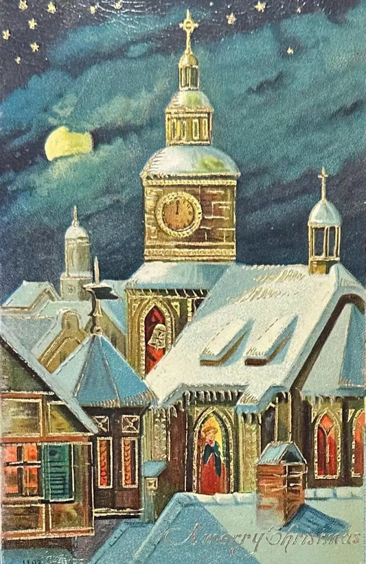 Starry Night Town Winter Scene - A Merry Christmas - Vintage Postcard 1910