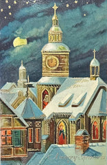 Starry Night Town Winter Scene - A Merry Christmas - Vintage Postcard 1910