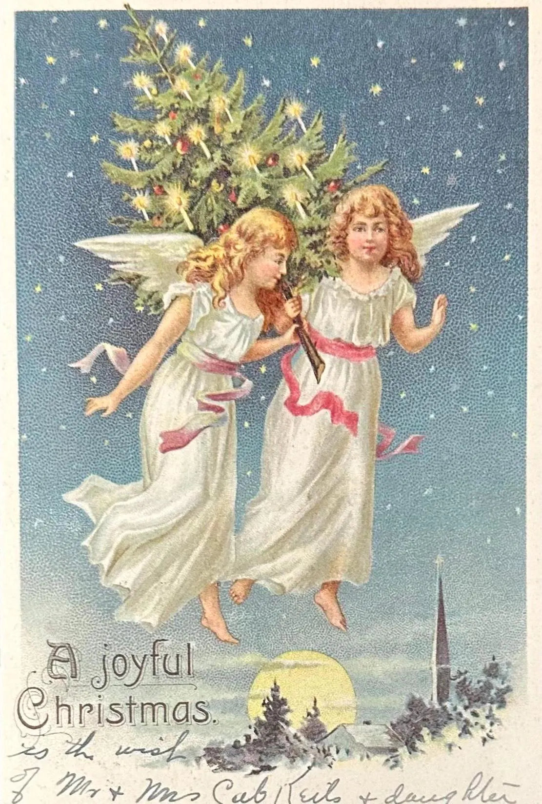 Angels Carrying a Christmas Tree during a Starry Night - A Joyful Christmas - Vintage Christmas Postcard 1912