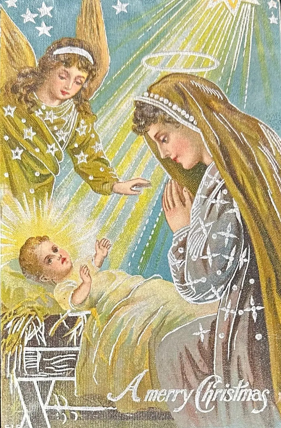 Baby Jesus and Prayer with Mary & Angels - A Merry Christmas - Vintage Postcard 1909