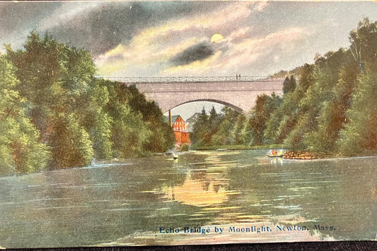 Echo Bridge by Moonlight, Newton, Massachusetts - Made in Germany - Vintage Bridge Postcard
