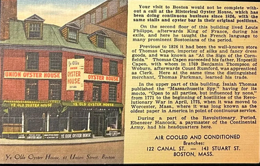 Ye Olde Oyster House, 41 Union Street, Boston, Massachusetts - Vintage Postcard