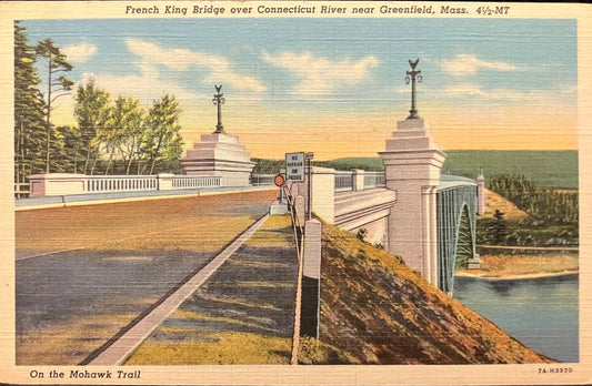 French King Bridge over Connecticut River near Greenfield, Massachusetts - On the Mohawk Trail - Vintage Bridge Postcard