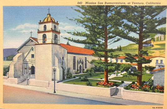 Mission San Buenaventura, at Ventura, California - Vintage Mission Postcard