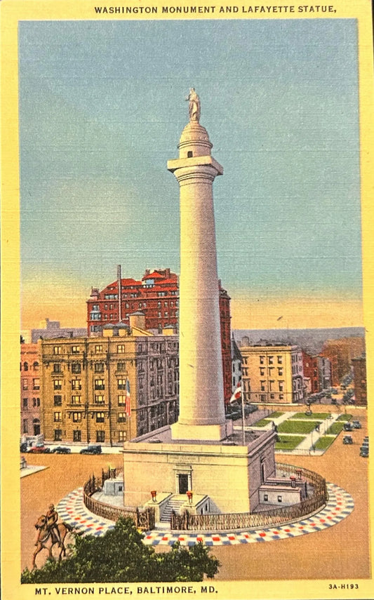 Washington Monument and Lafayette Statue - Baltimore, Maryland- Vintage Baltimore Postcard - Vintage Linen Postcard