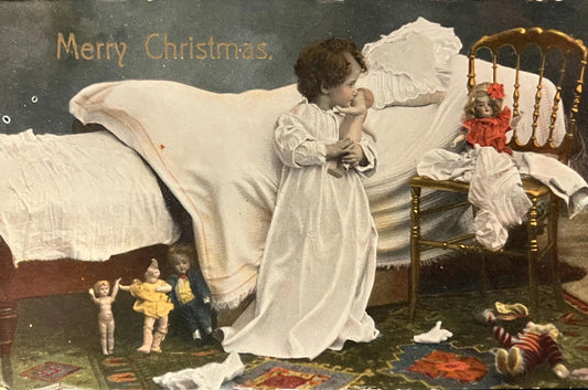 Child by Bed Playing With Christmas Toys - Merry Christmas - Made in Saxony - Vintage Postcard
