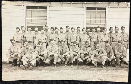 RPPC - WWII Soldiers Pose In front of their Barracks - Vintage Armed Forces Postcard