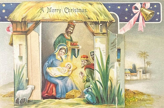Embossed Bells and Nativity Illustration - 1916 Christmas Postcard - A Merry Christmas - Printed in Germany - Vintage Postcard