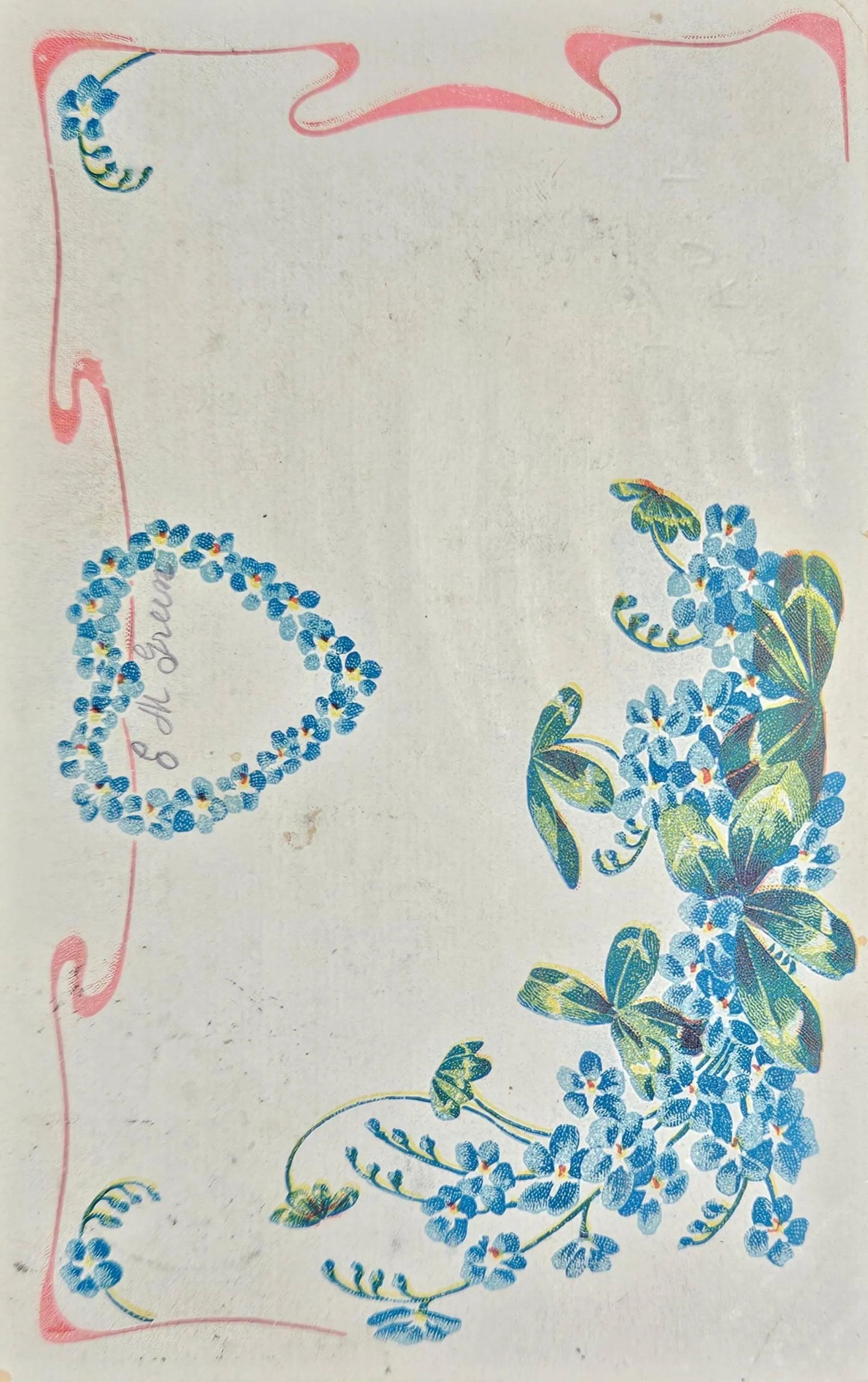 Monogramed With Forget Me Nots And Pink Border - Vintage postcard