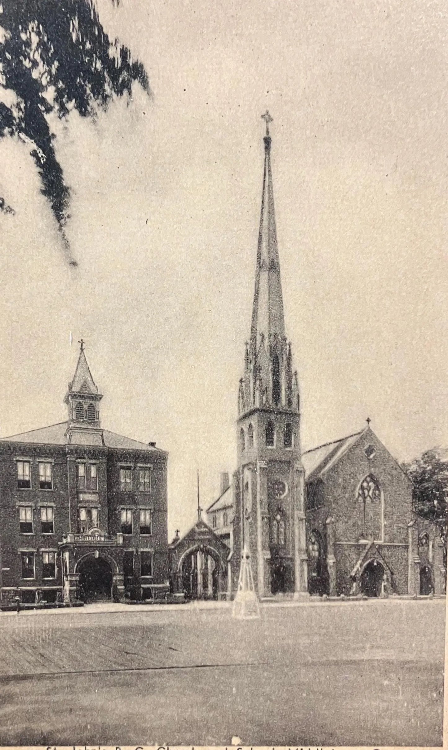 St. John's R. C. Church and School, Middletown, Connecticut - Vintage Black and white Postcard