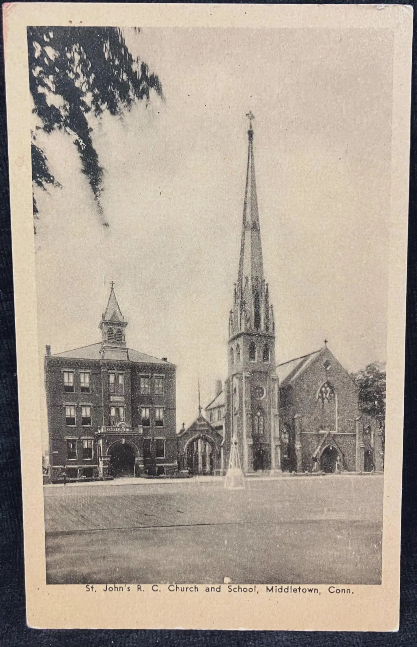 St. John's R. C. Church and School, Middletown, Connecticut - Vintage Black and white Postcard