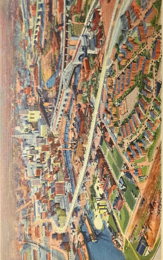 Aerial View of Main Avenue Bridge and Downtown Cleveland, Ohio - Vintage Postcard