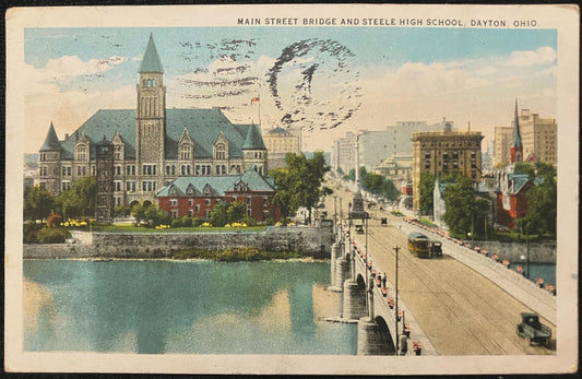 Main Street Bridge and Steele High School, Dayton, Ohio - Vintage Bridge Postcard