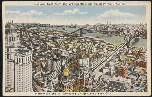 Looking East from the Woolworth Building, Showing Brooklyn, Manhattan, and Williamsburg Bridges, New York City - Vintage Bridge Postcard