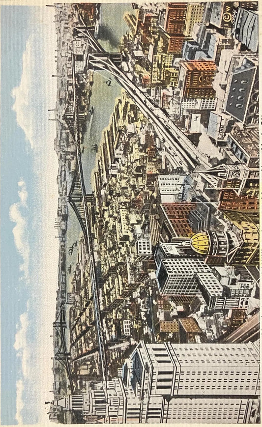 Looking East from the Woolworth Building, Showing Brooklyn, Manhattan, and Williamsburg Bridges, New York City - Vintage Bridge Postcard