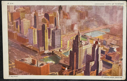 Chicago - City of Towers - Max Rigot - Chicago Aerial Survey Co. - Vintage Architecture Postcard
